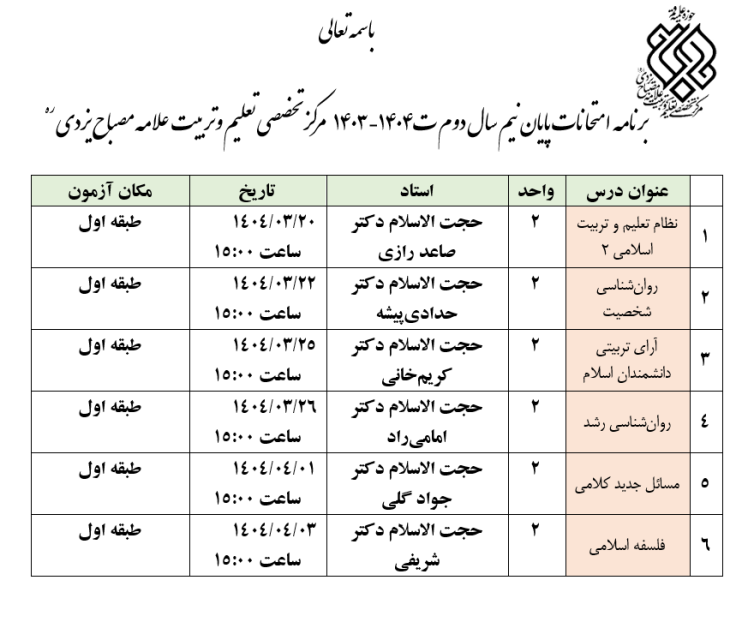 برنامه امتحانات نیم‌سال دوم تحصیلی 1404-1403 مرکز تخصصی تعلیم وتریبت علامه مصباح یزدی ره سطح 2 رشته علوم اسلامی گرایش تعلیم و تربیت