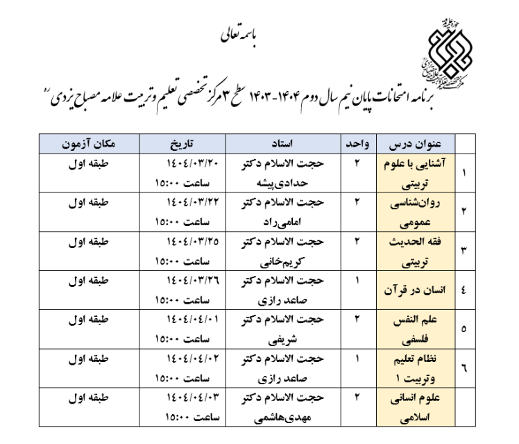 برنامه امتحانات نیم سال دوم تحصیلی 1403 سطح 3 مرکز تخصصی علامه مصباح یزدی ره