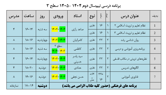 برنامه درسی نیم سال دوم 1404